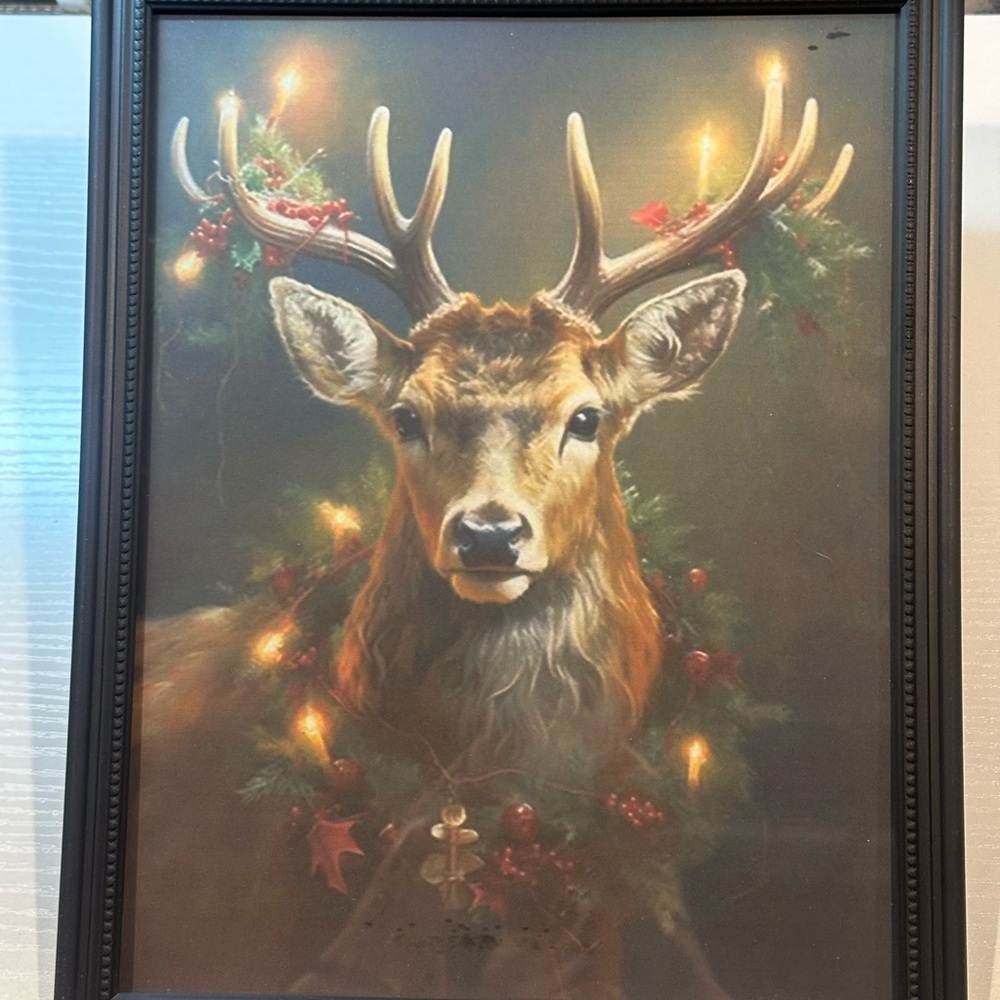 christmas reindeer with wreath holiday lights framed art painting print 8x10